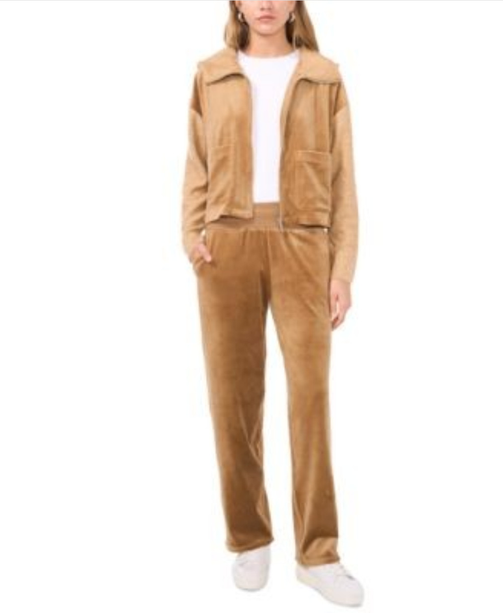Vince Camuto Women Mixed Media Zip Front Cropped Hoodie Camel Size L